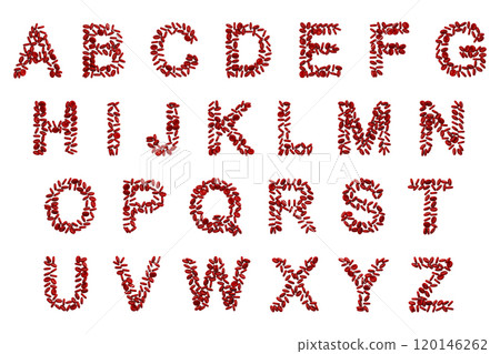 The English alphabet made entirely of red blood cells, featuring their unique biconcave shape and textured surface, 3D illustration 120146262