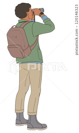 African American man watching with binoculars in outdoor clothes and backpack African American man watching with binoculars in outdoor clothes and backpack 120146323