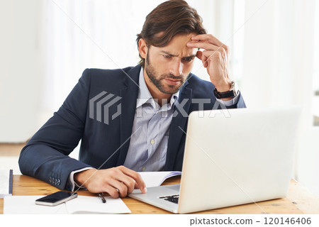 This is going to be one of those days. A frustrated businessman working on his laptop. 120146406