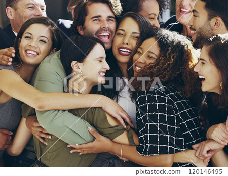 More than colleagues. Cropped shot of a group of happy businesspeople standing in their workplace lobby. More than colleagues. Cropped shot of a group of happy businesspeople standing in their workplace lobby. 120146495