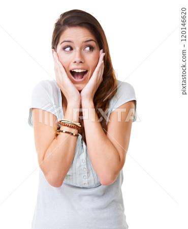 Whats that. A beautiful young woman looking surprised and horrified. 120146620