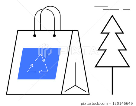 Minimalist style bag with recycling symbol and tree. Themes Ideal for environmental awareness sustainable shopping eco-friendly practices recycling and nature conservation. Illustration emphasizes 120146649
