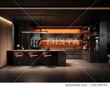 Modern minimalist kitchen with elegant lighting and industrial design elements 120146703