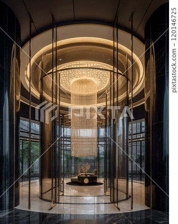 Luxurious modern lobby with elegant chandelier and sophisticated interior design 120146725