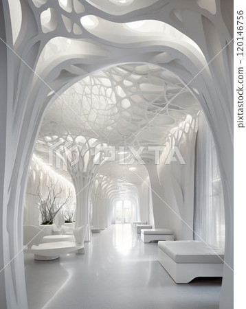 Futuristic organic architecture: white sculptural interior with fluid forms and natural light Futuristic organic architecture: white sculptural interior with fluid forms and natural light 120146756