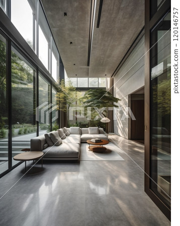 Modern minimalist living room with floor-to-ceiling windows and indoor plants 120146757