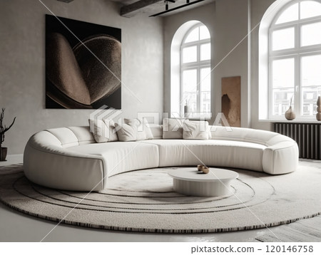 Modern minimalist living room with curved white sofa and abstract art 120146758
