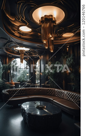 Luxurious art deco lounge with leather seating and modern chandeliers in ambient lighting 120146766