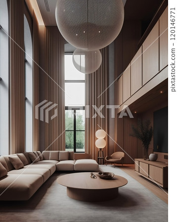 Elegant modern living room with high ceilings and contemporary decor Elegant modern living room with high ceilings and contemporary decor 120146771