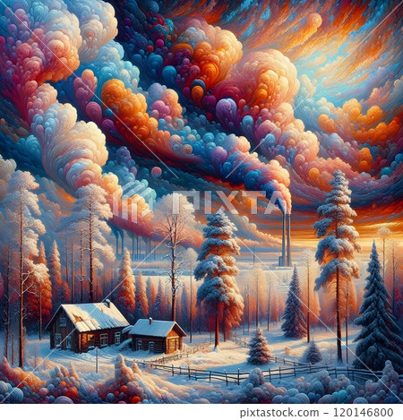 Vivid industrial winter: surreal landscape with smoke and snow-covered forest 120146800
