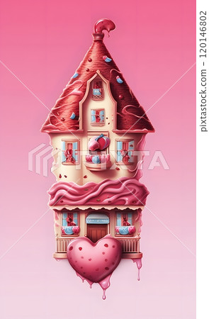Whimsical strawberry candy house with heart-shaped details on pink background 120146802