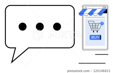 Chat bubble with ellipsis indicates messaging mobile screen with shopping cart and buy button. Ideal for communication, e-commerce, online shopping, customer support, digital marketing. Simple flat Chat bubble with ellipsis indicates messaging mobile screen with shopping cart and buy button. Ideal for communication, e-commerce, online shopping, customer support, digital marketing. Simple flat 120146831