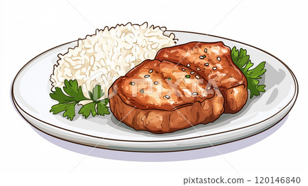 卡通美味的肉排饭插画 120146840