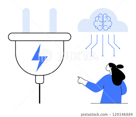 Woman pointing at cloud brain and large plug with a lightning bolt. Ideal for technology, artificial intelligence, smart devices, innovation, and electrical energy. Clean and modern style 120146884