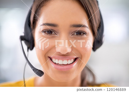 How can I assist you today. Portrait of an attractive young customer service representative wearing a headset. How can I assist you today. Portrait of an attractive young customer service representative wearing a headset. 120146889