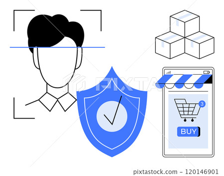 Depicts facial recognition, a security shield, a shopping cart on a mobile screen, and stacked boxes. Ideal for e-commerce security, online shopping convenience, digital transactions, logistics 120146901