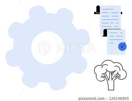 Large gear shape with a checklist and a checkmark, alongside a tree icon. Ideal for project management, productivity tools, environmental themes, organizational concepts, and administrative tasks Large gear shape with a checklist and a checkmark, alongside a tree icon. Ideal for project management, productivity tools, environmental themes, organizational concepts, and administrative tasks 120146905