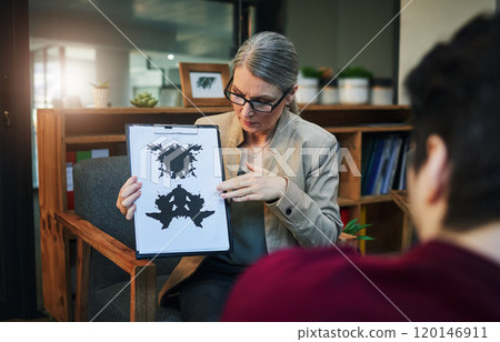 Change your perception, transform your life. Shot of a mature psychologist conducting an inkblot test with her patient during a therapeutic session. 120146911