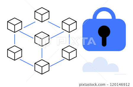 Highlighting interconnected cubes representing a blockchain and a blue lock symbolizing data security. Ideal for technology, cybersecurity, blockchain, encryption, network security. Crisp and modern Highlighting interconnected cubes representing a blockchain and a blue lock symbolizing data security. Ideal for technology, cybersecurity, blockchain, encryption, network security. Crisp and modern 120146912