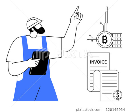 A construction worker holding a tablet points at a digital representation of a Bitcoin symbol and two invoices. Ideal for fintech, cryptocurrency, digital payments, construction, and financial A construction worker holding a tablet points at a digital representation of a Bitcoin symbol and two invoices. Ideal for fintech, cryptocurrency, digital payments, construction, and financial 120146934