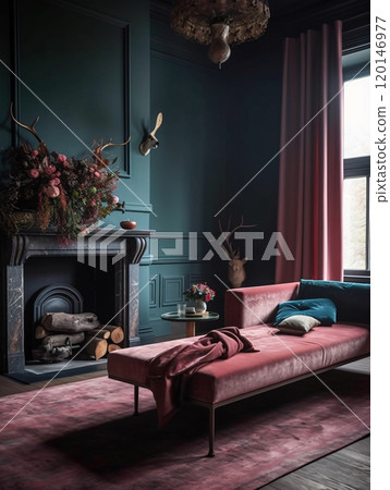 Elegant dark green living room with velvet sofa and floral decor Elegant dark green living room with velvet sofa and floral decor 120146977