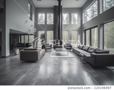 Modern luxury living room with large windows overlooking nature 120146997
