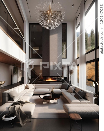Luxurious modern living room with high ceilings and panoramic forest views Luxurious modern living room with high ceilings and panoramic forest views 120147028