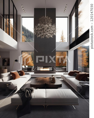 Modern mountain home interior with fireplace overlooking autumn forest 120147030