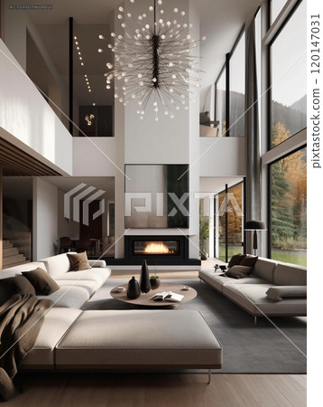 Modern minimalist living room with large windows and contemporary chandelier Modern minimalist living room with large windows and contemporary chandelier 120147031