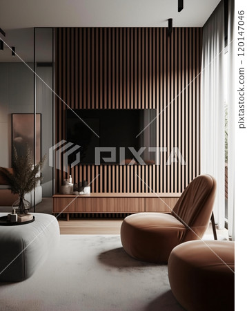 Modern minimalist living room with wooden accents and contemporary decor 120147046