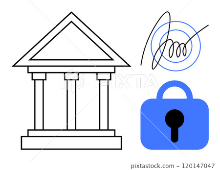 Three symbols a bank building, a digital signature, and a security lock. Ideal for financial institutions, digital security, online transactions, banking apps, and cybersecurity solutions. Flat 120147047