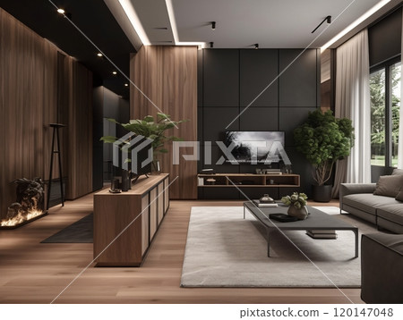 Modern minimalist living room with contemporary furniture and natural light 120147048