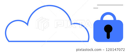 Blue outlined cloud shape next to a blue lock symbol. Ideal for data security, cloud computing, digital privacy, online protection, technology. Simple modern style 120147072