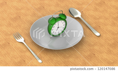 Starvation, diet concept. Food restriction and control eating. Empty plate vs alarm clock. 3d rendering Starvation, diet concept. Food restriction and control eating. Empty plate vs alarm clock. 3d rendering 120147086