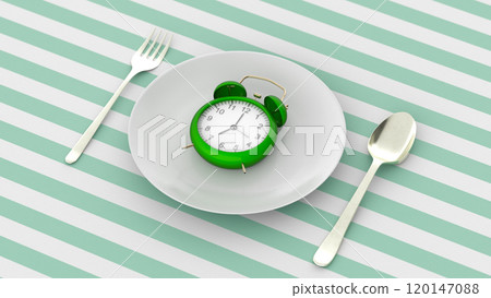 Starvation, diet concept. Food restriction and control eating. Empty plate vs alarm clock. 3d rendering 120147088