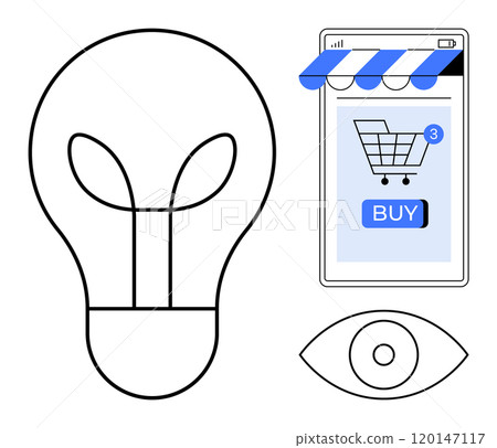 A minimalistic style lightbulb, mobile interface with a shopping cart and a buy button, and an eye symbol. Ideal for e-commerce, online shopping, innovation, technology, and digital marketing 120147117