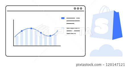 A screen showing a graph with a trend line and bar chart alongside a blue shopping bag and cloud. Ideal for e-commerce, business analytics, online shopping, data presentation, digital marketing A screen showing a graph with a trend line and bar chart alongside a blue shopping bag and cloud. Ideal for e-commerce, business analytics, online shopping, data presentation, digital marketing 120147121