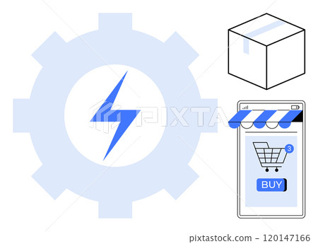 Blue lightning bolt inside a gear, a cardboard box, and a mobile phone with a shopping cart icon and blue buy button. Ideal for ecommerce, online shopping, fast delivery, technology, and mobile apps 120147166