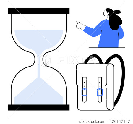 An hourglass, a person pointing to the right, and a backpack. Ideal for education, productivity, planning, organization, routine. Flat design style 120147167