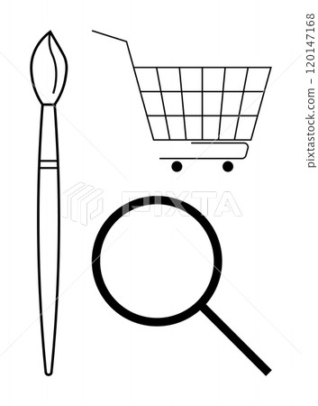 Black and white icons include a paintbrush, shopping cart and magnifying glass. Ideal for themes such as art, shopping, search, minimalism and online business. Simple line art style Black and white icons include a paintbrush, shopping cart and magnifying glass. Ideal for themes such as art, shopping, search, minimalism and online business. Simple line art style 120147168