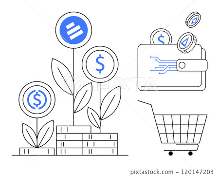 Visual of digital currency growth with coins as plants and a wallet with coins flowing into it, next to a shopping cart. Ideal for investment, cryptocurrency, finance, digital transactions 120147203
