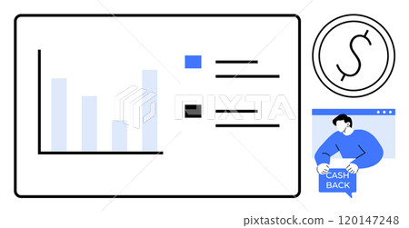 Bar chart with two color labels, cash-back icon and a man near a laptop. Ideal for cashback programs, financial analysis, data visualization, budgeting, and online rewards. Simple modern style 120147248
