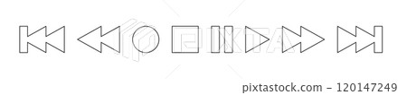 Set of playback icons. Simple flat black outline vector symbols in black - play, pause, stop, record. rewind, forward, previous and next. 120147249