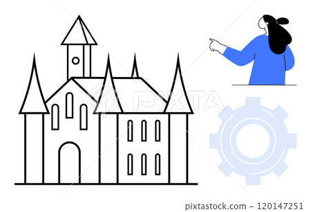 Simple black and white drawing of a castle with pointed towers. A person in blue points at it. Next to the person is a gear symbol. Ideal for fantasy, history, architecture, travel, education 120147251