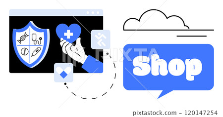 Shield with medical icons, hand holding a heart with a plus sign, shopping bubble with word Shop. Ideal for online healthcare, wellness, ecommerce, medical services, digital protection. Flat vector Shield with medical icons, hand holding a heart with a plus sign, shopping bubble with word Shop. Ideal for online healthcare, wellness, ecommerce, medical services, digital protection. Flat vector 120147254
