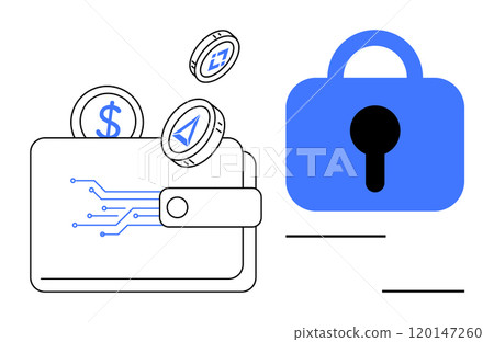 Digital wallet with virtual coins and blue padlock symbol. Ideal for finance, cryptocurrency, digital security, online transactions, and fintech concepts. Minimalist and clean style Digital wallet with virtual coins and blue padlock symbol. Ideal for finance, cryptocurrency, digital security, online transactions, and fintech concepts. Minimalist and clean style 120147260