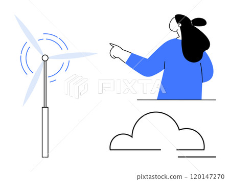 Person pointing towards a wind turbine with a cloud below. Ideal for renewable energy, sustainability, environmental awareness, clean energy, Eco education. Modern, minimalist style 120147270