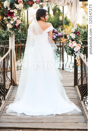 My wedding day is a day Ill never forget. Rearview shot a beautiful young bride standing outdoors on her wedding day. 120147273