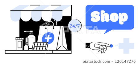 Pharmacy storefront with medication, shopping bags, and a robotic hand pointing to a Shop sign. Ideal for medical services, e-commerce, automation, technology, and convenience. Modern, clean 120147276