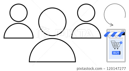 Several user icons and a smartphone screen with a shopping cart and a Buy button. Ideal for ecommerce, online shopping, customer interaction, digital marketing, mobile commerce 120147277